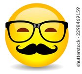 Clever emoji appearance with mustaches and glasses, vector cartoon symbol isolated on white background
