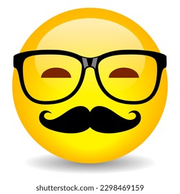 Clever emoji appearance with mustaches and glasses, vector cartoon symbol isolated on white background