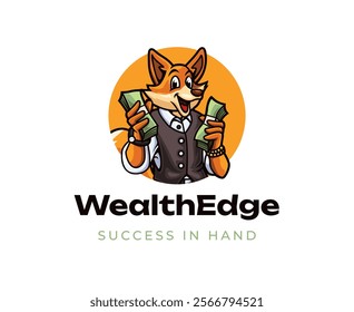 A clever fox entrepreneur holding stacks of money