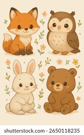 A clever fox, wise owl, curious rabbit, and big bear sit close