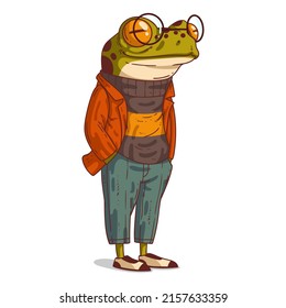 A Clever Frog, isolated vector illustration. Young trendy dressed anthropomorphic frog wearing spectacles standing with his hands in his pockets. Humanized toad. An animal character with a human body