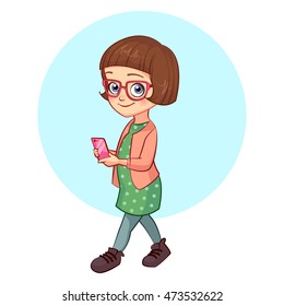 Clever geek girl with glasses and bob hairdo holding a pink mobile phone. Vector cartoon illustration on white background.