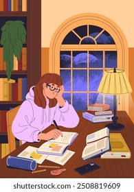 Clever girl in glasses does homework in public library. Student reading book, takes notes, writes. Young woman studies, learning with textbook at the desk. Education poster. Flat vector illustration