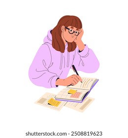 Chica inteligente en gafas hace los deberes. Estudiante leyendo un libro, toma notas, escribe. Mujer joven estudia, aprende con libro de texto. Educación escolar. Ilustración vectorial aislada plana sobre fondo blanco