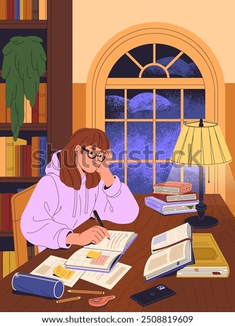 Clever girl in glasses does homework in public library. Student reading book, takes notes, writes. Young woman studies, learning with textbook at the desk. Education poster. Flat vector illustration