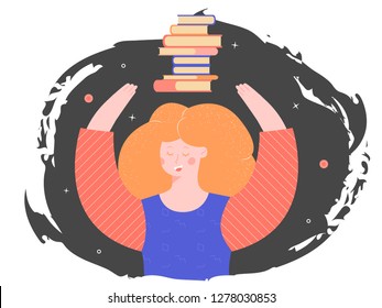 Clever girl and a stack of books. Obtaining new information, extensive knowledge, student life, fiction. Vector illustration.