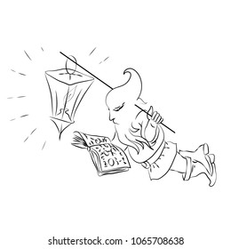 Clever gnome with magic book and lamp. Hand drawing vector sketch outline illustration.