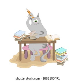 clever gray cat working on books sitting at the table isolated on white background