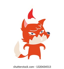 clever hand drawn flat color illustration of a fox wearing santa hat