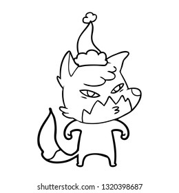 clever hand drawn line drawing of a fox wearing santa hat