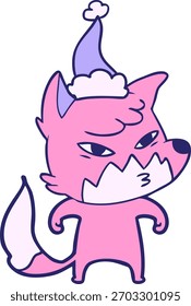 clever hand drawn line drawing of a fox wearing santa hat in bright neon color