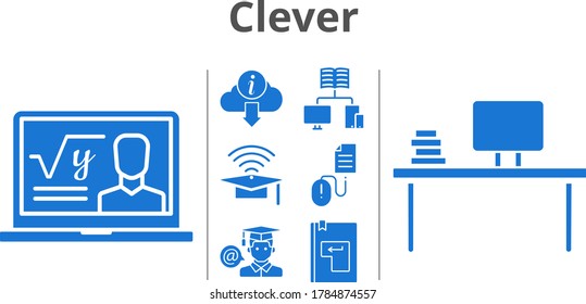 clever icon set. included professor, cap, desktop, student, information, enter, click, school icons. filled styles.