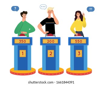 Clever intelligent people playing in TV quiz show.  Cartoon  isolated male and female characters  thinking, answering questions. Cartoon flat vector illustration.