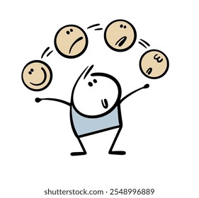 Clever juggler performs in a circus, juggling balls with faces and emotions. A vector illustration of a psychologist controls the mood. Isolated doodle character on white background.