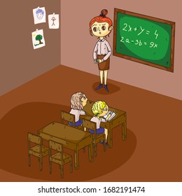 Clever kid in classroom with teacher during lesson. Smart children giving answer on educator question. Child character listening, writing, sitting with raising hand. Woman pedagogue at blackboard