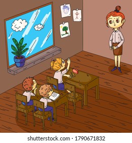 Niño inteligente en clase con profesor durante las clases. Niños inteligentes dando respuesta a la pregunta del educador. El personaje infantil escuchando, escribiendo, sentado con la mano alzada. Pedagoga femenina en la pizarra