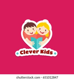 Clever Kids Abstract Vector Sign, Emblem Or Logo Template. Boy And Girl Reading Book Illustration With Textures. Heart Shape Symbol, Sticker Or Badge. Learning Or Education Concept. Pink Background.