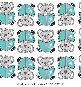 A clever koala is reading a book on a white background. School concept seamless pattern