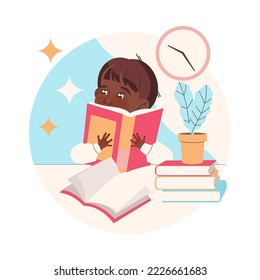 Clever Little Boy Character Learning Sitting at Desk with Open Book Studying Vector Illustration