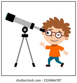 A clever little boy with glasses looks through a telescope - an occupation of astronomy.