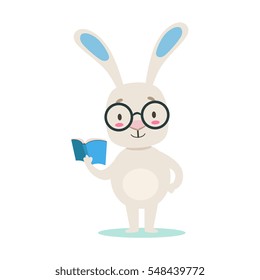 Clever Little Girly Cute White Pet Bunny Wearing Glasses Reading A Book, Cartoon Character Life Situation Illustration