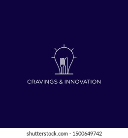 Clever logo idea with light bulb, knife and fork vector icon illustration inspiration. modern food and drink logos. craving innovation