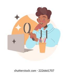 Clever Man Character Learning Sitting at Desk with Laptop and Magnifying Glass Studying Vector Illustration