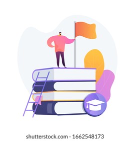 Clever man, student standing on books stack with flag. Self learning, personal improvement, knowledge obtaining. Educational achievement. Vector isolated concept metaphor illustration