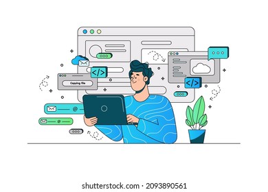 Clever man testing computer website or interface vector illustration. Guy check functions flat style. Development, service testing concept