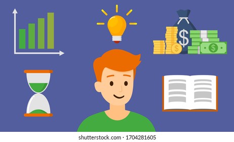 Un hombre inteligente está pensando en negocios, tiempo, inclinación y dinero, vector, ilustración