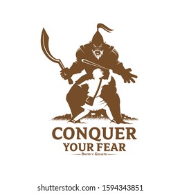 A clever and minimalist vector logo utilizing negative space to depict the biblical battle between David and Goliath. The design features a large, brown silhouette of the giant Goliath, while the figure of young David with his sling is formed by the empty space within the center. Accompanied by the bold slogan "Conquer Your Fear," this professional graphic is perfect for motivational coaching, sports psychology, leadership training, and "underdog" themed corporate branding.
