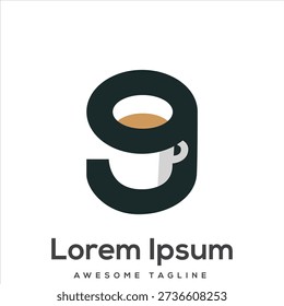 A clever and modern logo featuring the number '9' creatively integrated with a coffee cup and saucer, ideal for cafes or eateries.