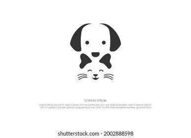 Clever Negative Space Cute Happy Dog and Cat Face for Pet Clinic Logo Design Vector