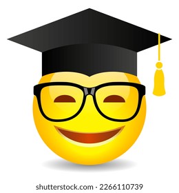 Clever nerd emoji with glasses and academic hat, vector comic cartoon isolated on white background, abstract educational design, happy nerd emoji flat illustration