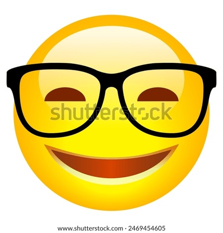 Clever nerd emoji with glasses, vector cartoon isolated on white background