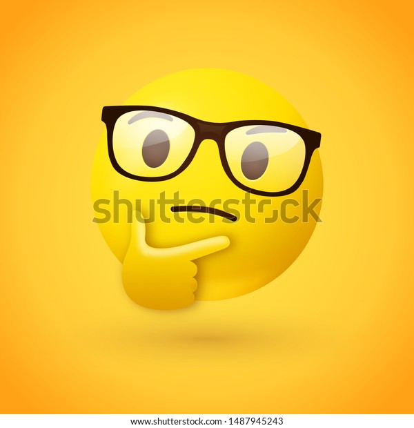 頭の良い または神経質な顔絵文字 黄色い背景に上を見上げる顎に片指と親指で示した眼鏡をかけた顔文字 のベクター画像素材 ロイヤリティフリー