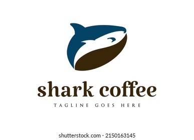 Clever Ocean Blue Shark Fish with Coffee Bean for Beach Cafe Logo Design Vector