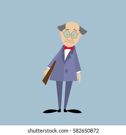 clever old Professor with glasses, holding a folder. cartoon character. Vector