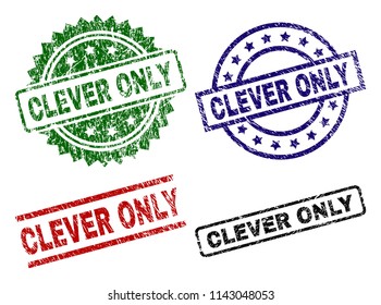 CLEVER ONLY seal prints with damaged texture. Black, green,red,blue vector rubber prints of CLEVER ONLY title with grunge texture. Rubber seals with circle, rectangle, rosette shapes.