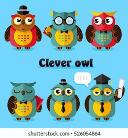 Clever owl bird cartoon character isolated vector illustration. Owl wisdom mascot standing with graduation cap. Funny clever owl isolated on blue background. Cartoon vector owl icon.