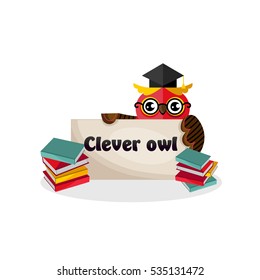 Clever owl bird cartoon character isolated vector illustration. Owl wisdom mascot standing near stacks of books with graduation cap and text banner. Science and education concept.