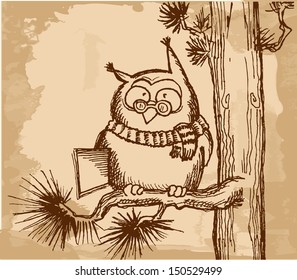 Clever owl with book on  pine branch
