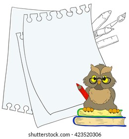 Clever owl with books. Card with space for text. Vector doodle illustration