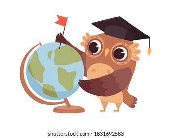 Clever owl. Cartoon wild bird with globe and university hat. Geography teacher, dreams about travel vector illustration