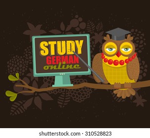Clever owl on the tree with computer. Advertisement of German language courses online. Vector illustration.