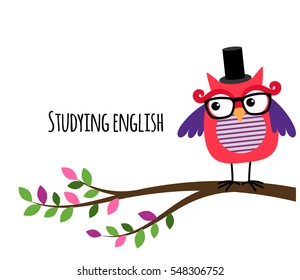 Clever Owl studying English vector banner for education website