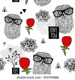 Clever owls seamless pattern on white background. Vector design illustration.