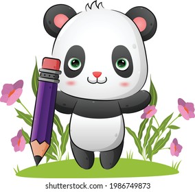 El ingenioso panda sostiene un gran lápiz mágico en el jardín de la ilustración