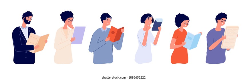 Gente inteligente. Hombre inteligente, mujer de piso usa gafas. Persona feliz sosteniendo documentos del libro, personajes vectores completamente confiados