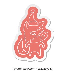 clever quirky cartoon  sticker of a fox wearing santa hat